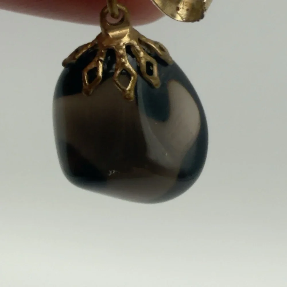 Vintage Gold Tone Bow Brooch Dangle Banded Agate Glass Drop Pin Celestial